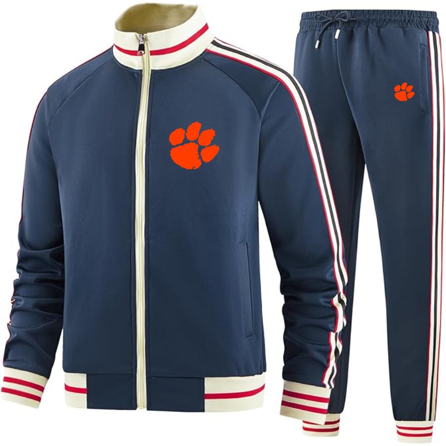 Men's Clemson Tigers Two Piece Designer Tracksuit with Bold Striped Accents and Zippered Front Elevated Athletic