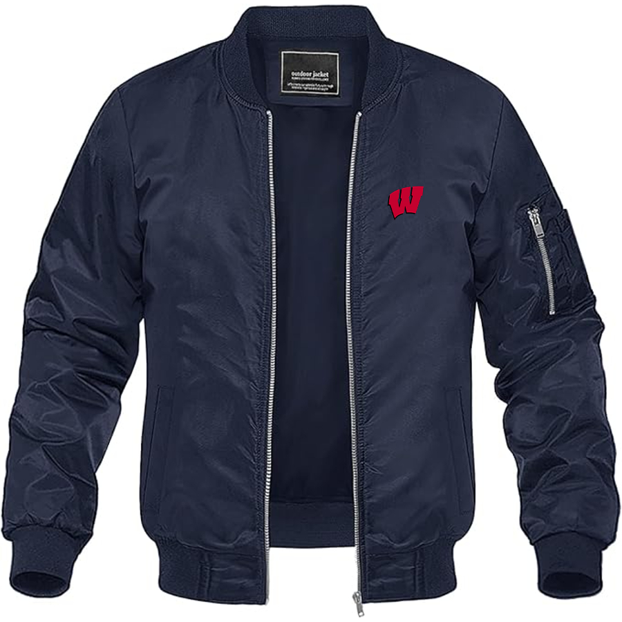 Men's Wisconsin Badgers Logo Lightweight Bomber Jacket Windbreaker Softshell Varsity Jacket Coat