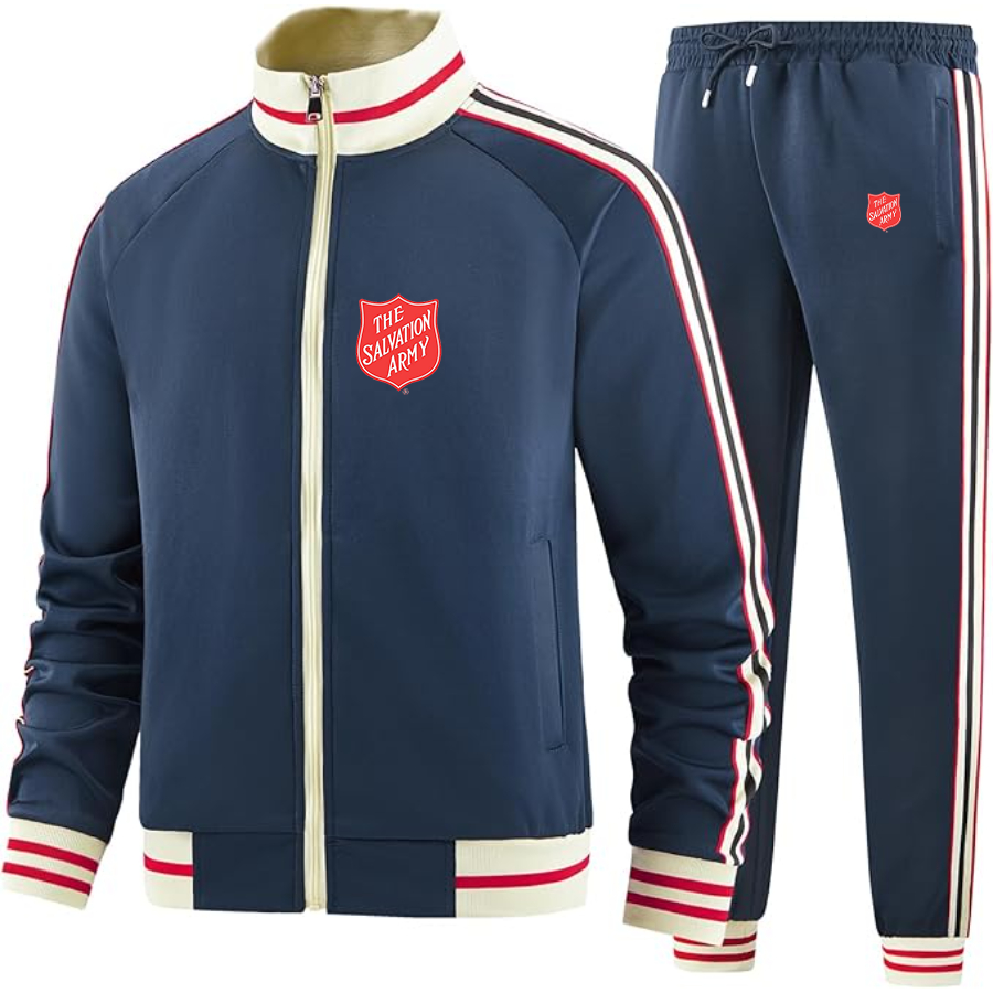 Men's  The Salvation Army  Two Piece Designer Tracksuit with Bold Striped Accents and Zippered Front Elevated Athletic