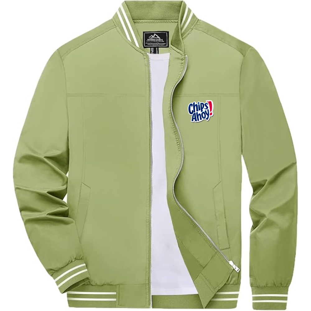 Men's  Chips Ahoy  Lightweight Zip-Up Bomber Jacket with Ribbed Collar and Cuffs Versatile Casual Outerwear