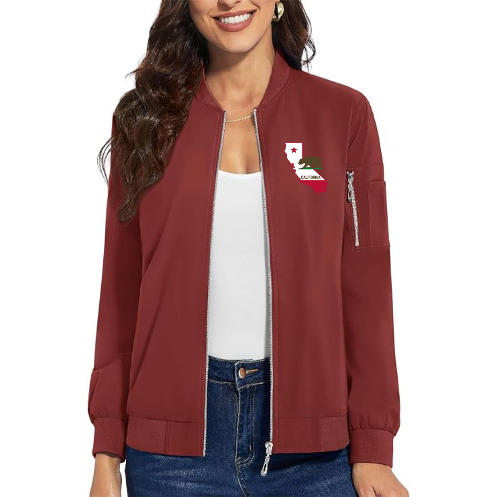 Women's California Bear Map Premium Bomber Jacket with Polished Detailing and Functional Sleeve Pocket Modern Luxury Outerwear