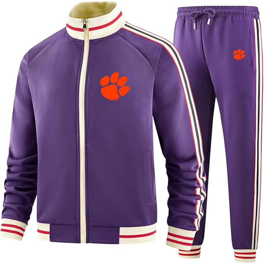 Men's Clemson Tigers Two Piece Designer Tracksuit with Bold Striped Accents and Zippered Front Elevated Athletic