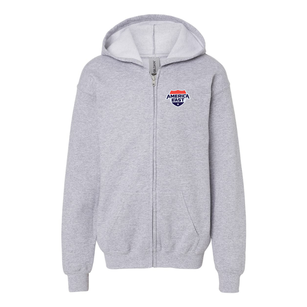 Gildan Heavy Blend Youth   America East Conference Full Zip Hooded Sweatshirt