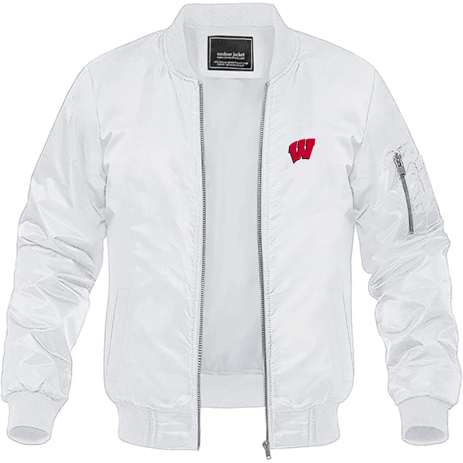 Men's Wisconsin Badgers Logo Lightweight Bomber Jacket Windbreaker Softshell Varsity Jacket Coat